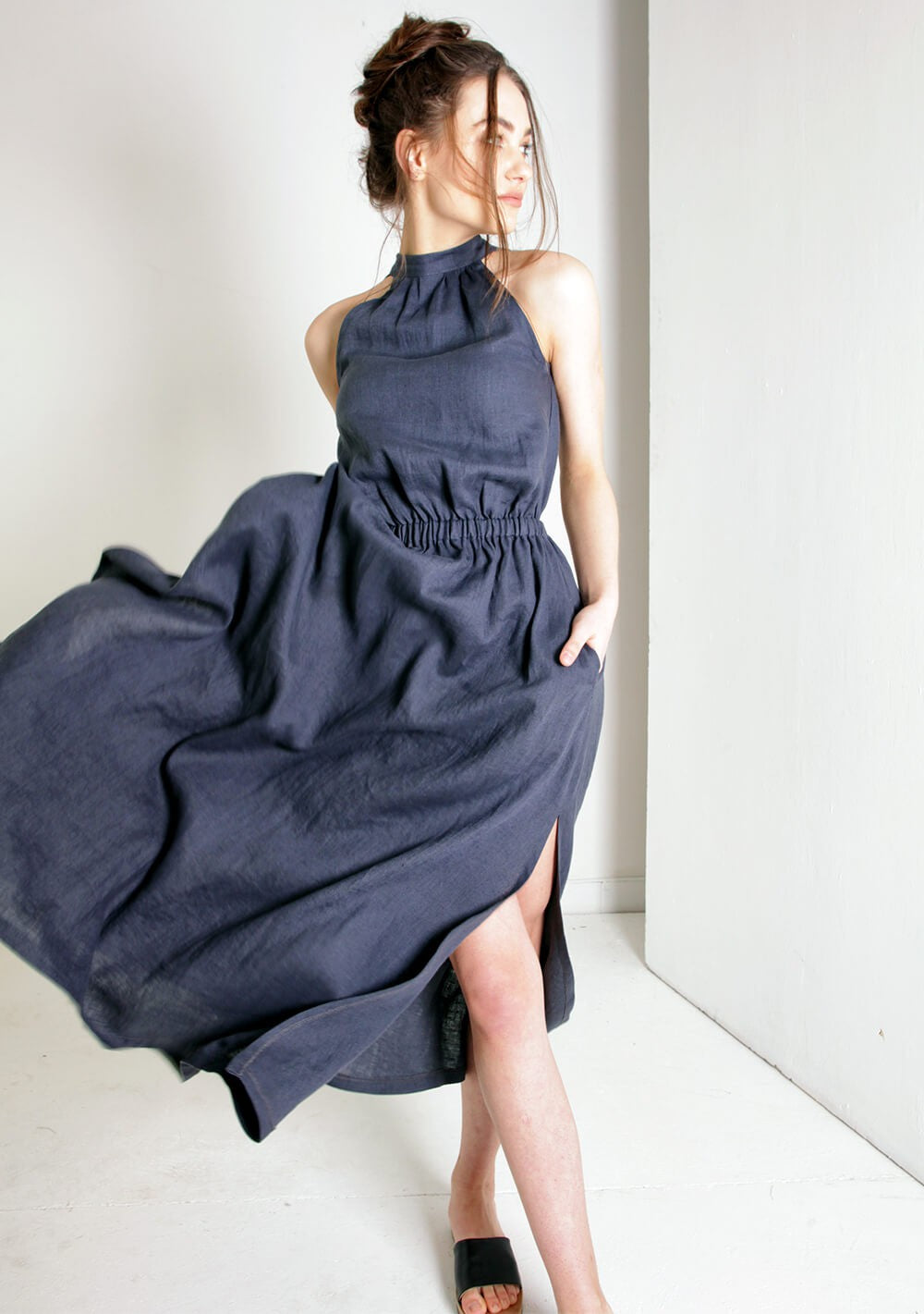 Maxi linen high neck dress Alicia in Navy
