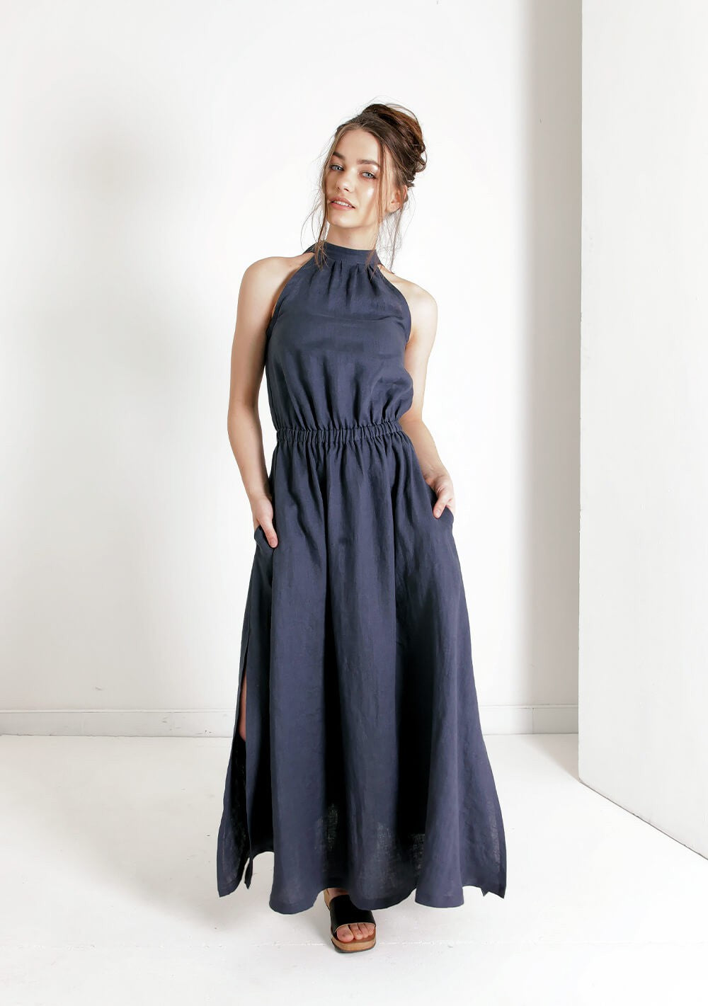 Maxi linen high neck dress Alicia in Navy
