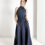 Maxi linen high neck dress Alicia in Navy