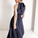 Maxi linen high neck dress Alicia in Navy