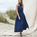 Maxi linen high neck dress Alicia in Navy