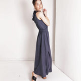Maxi linen high neck dress Alicia in Navy