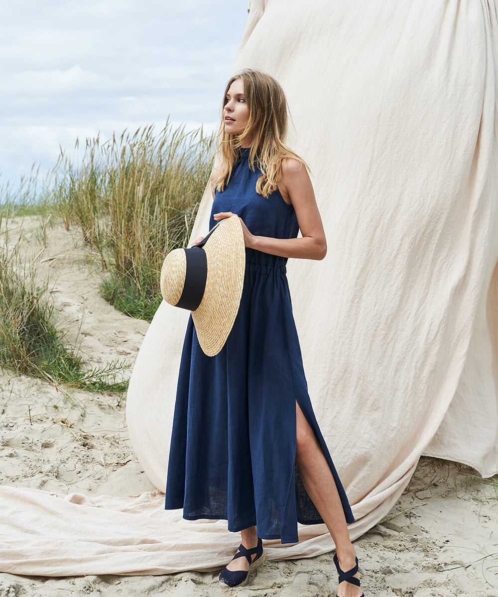 Maxi linen high neck dress Alicia in Navy