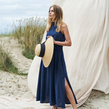 Maxi linen high neck dress Alicia in Navy
