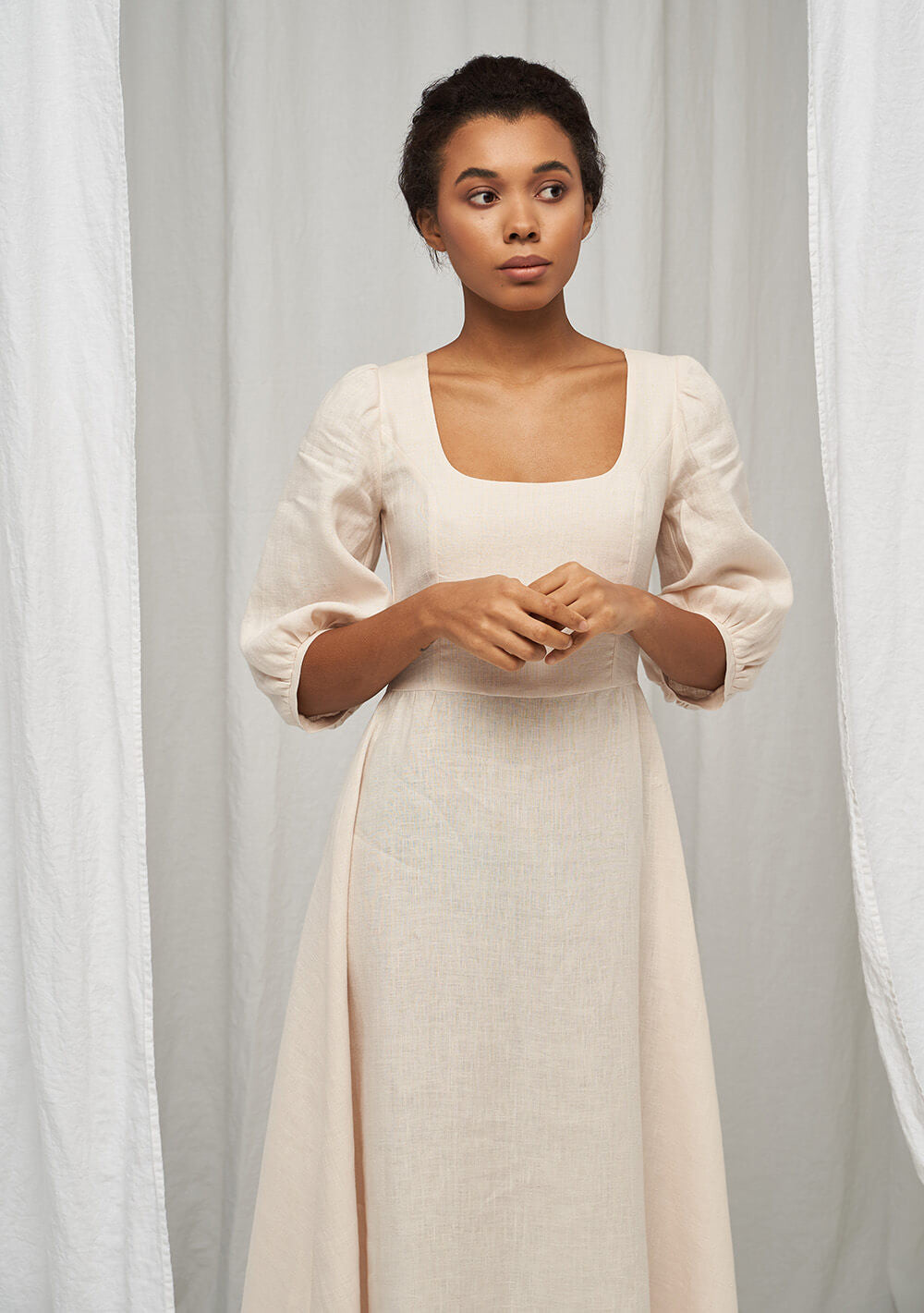 Puff sleeve linen dress Aurora in midi length