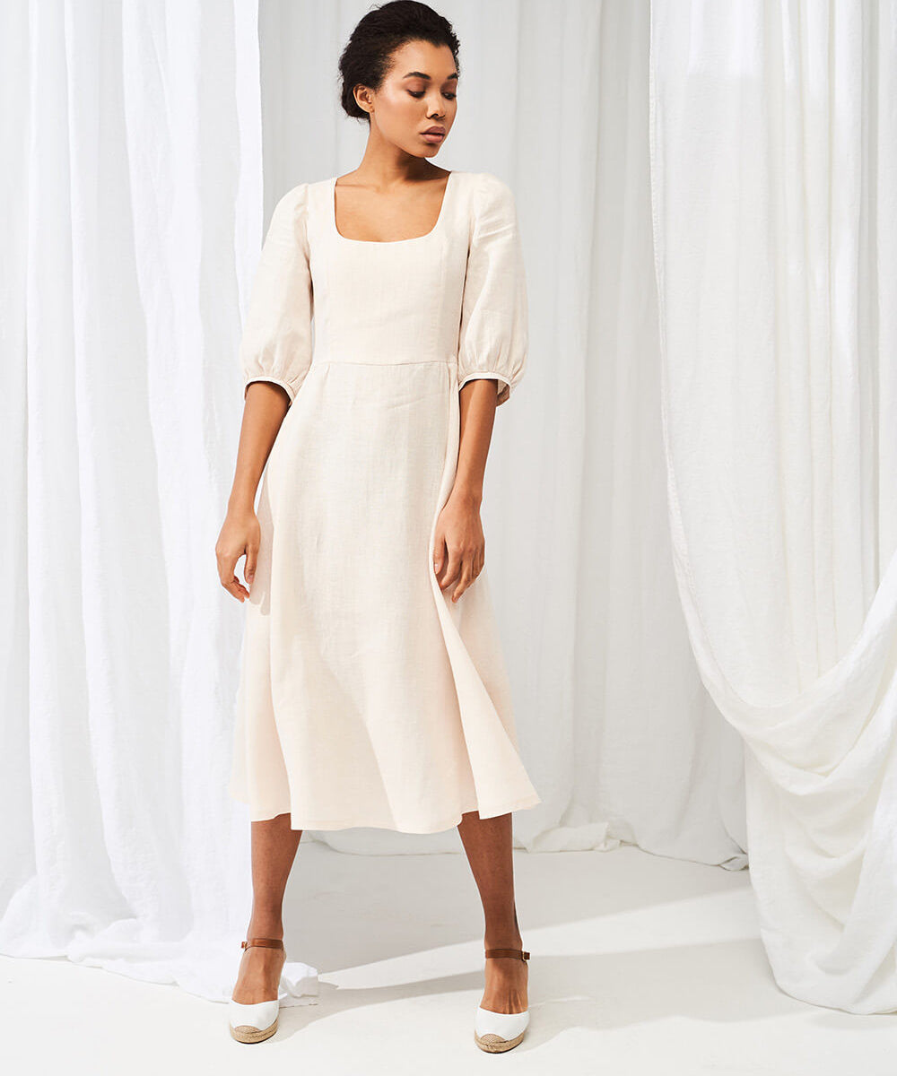 Puff sleeve linen dress Aurora in midi length