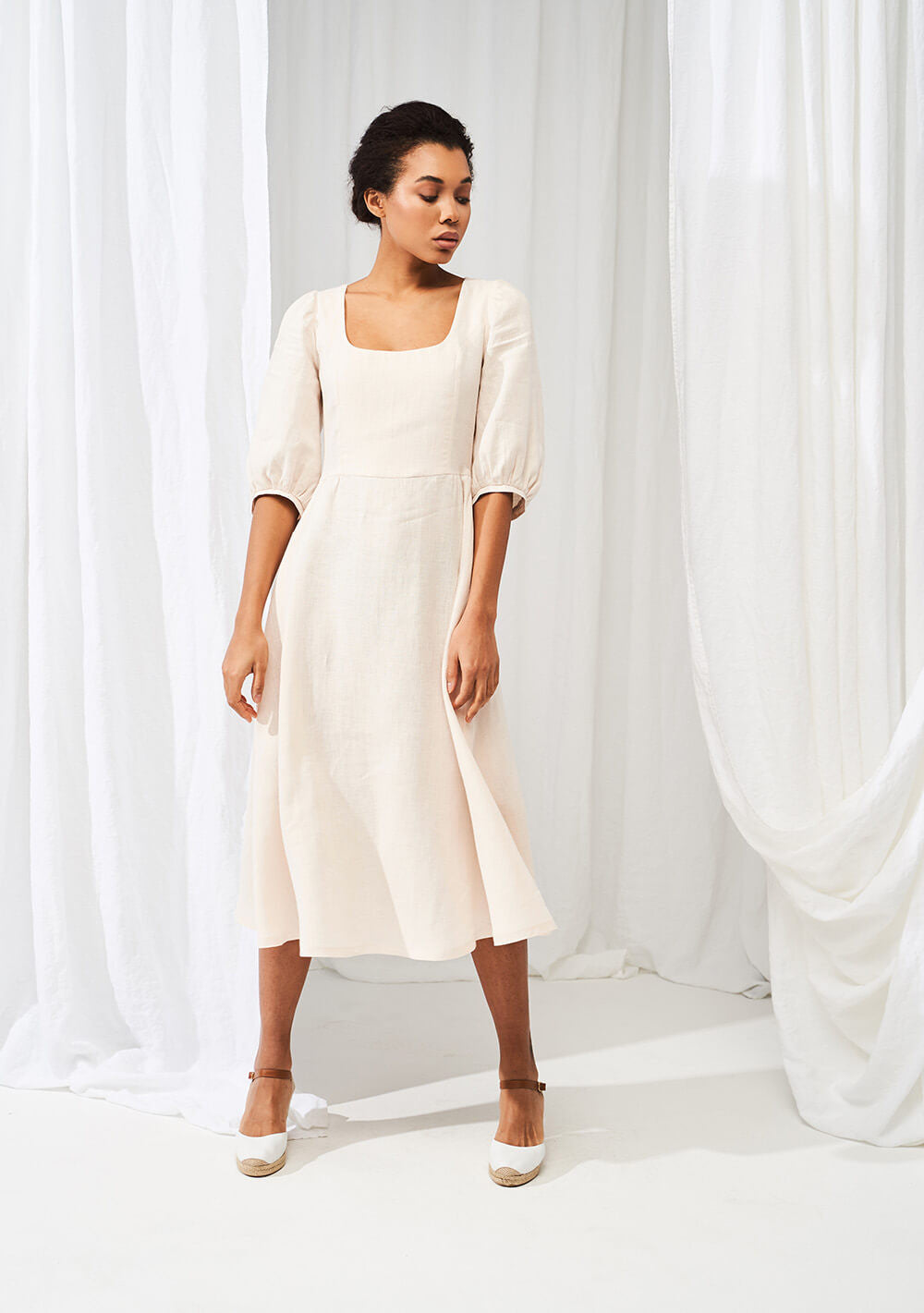 Puff sleeve linen dress Aurora in midi length