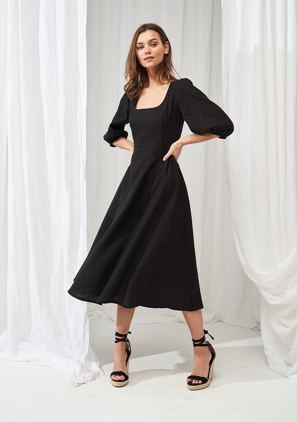 Puff sleeve linen dress Aurora in midi length