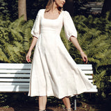Puff sleeve linen dress Aurora in midi length