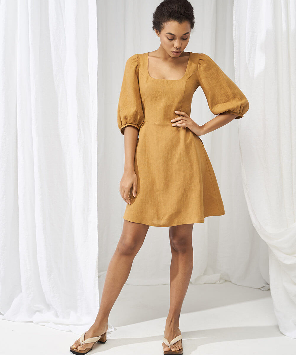 Puff sleeve linen dress Aurora mini length