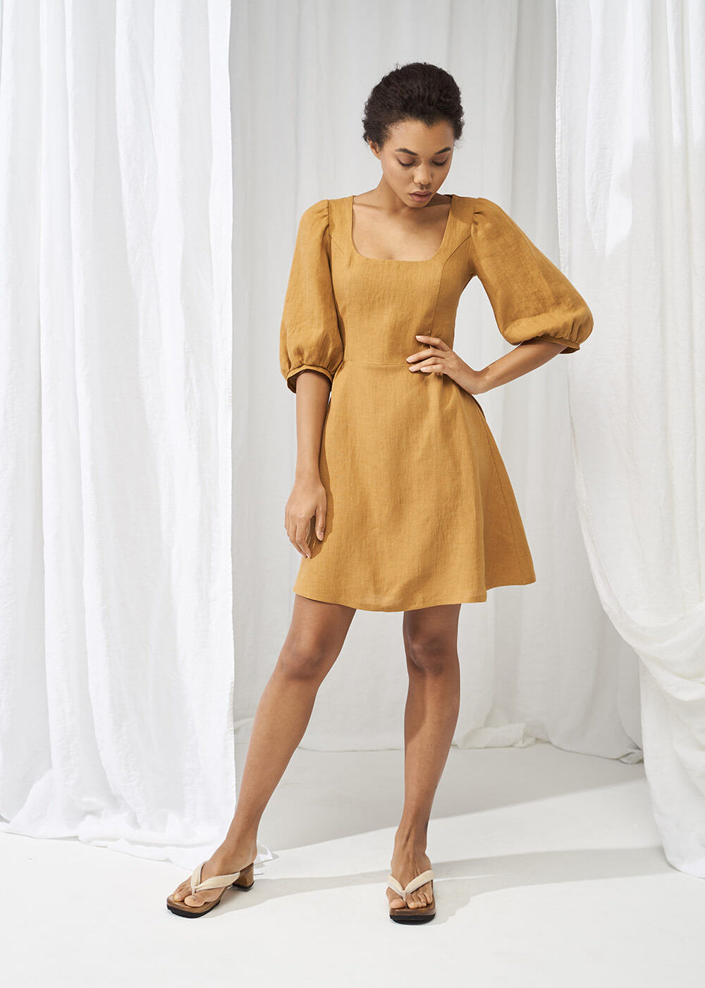 Puff sleeve linen dress Aurora mini length