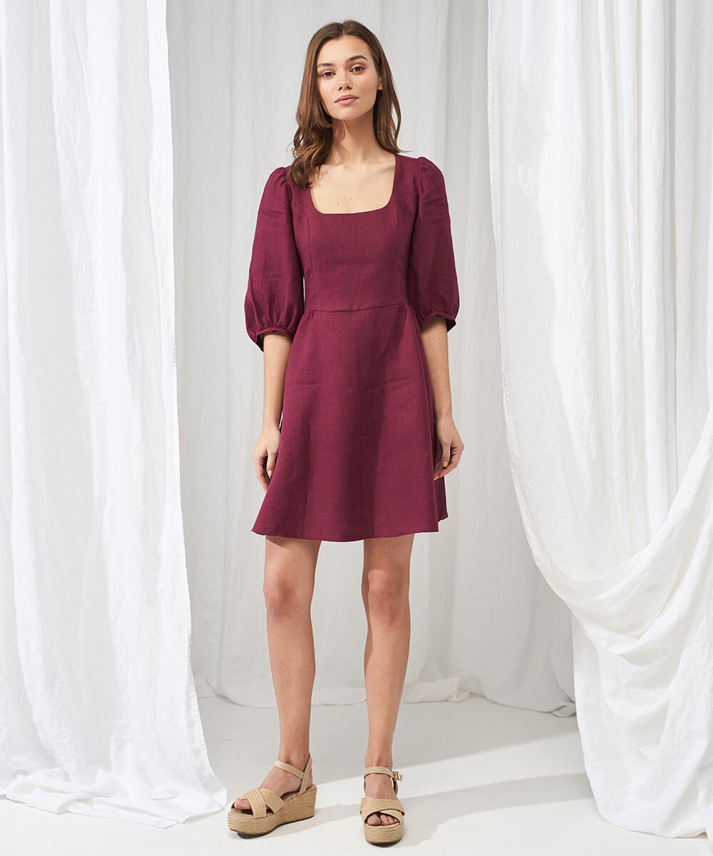 Puff sleeve linen dress Aurora mini length