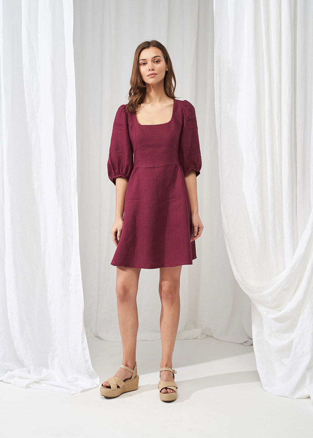 Puff sleeve linen dress Aurora mini length