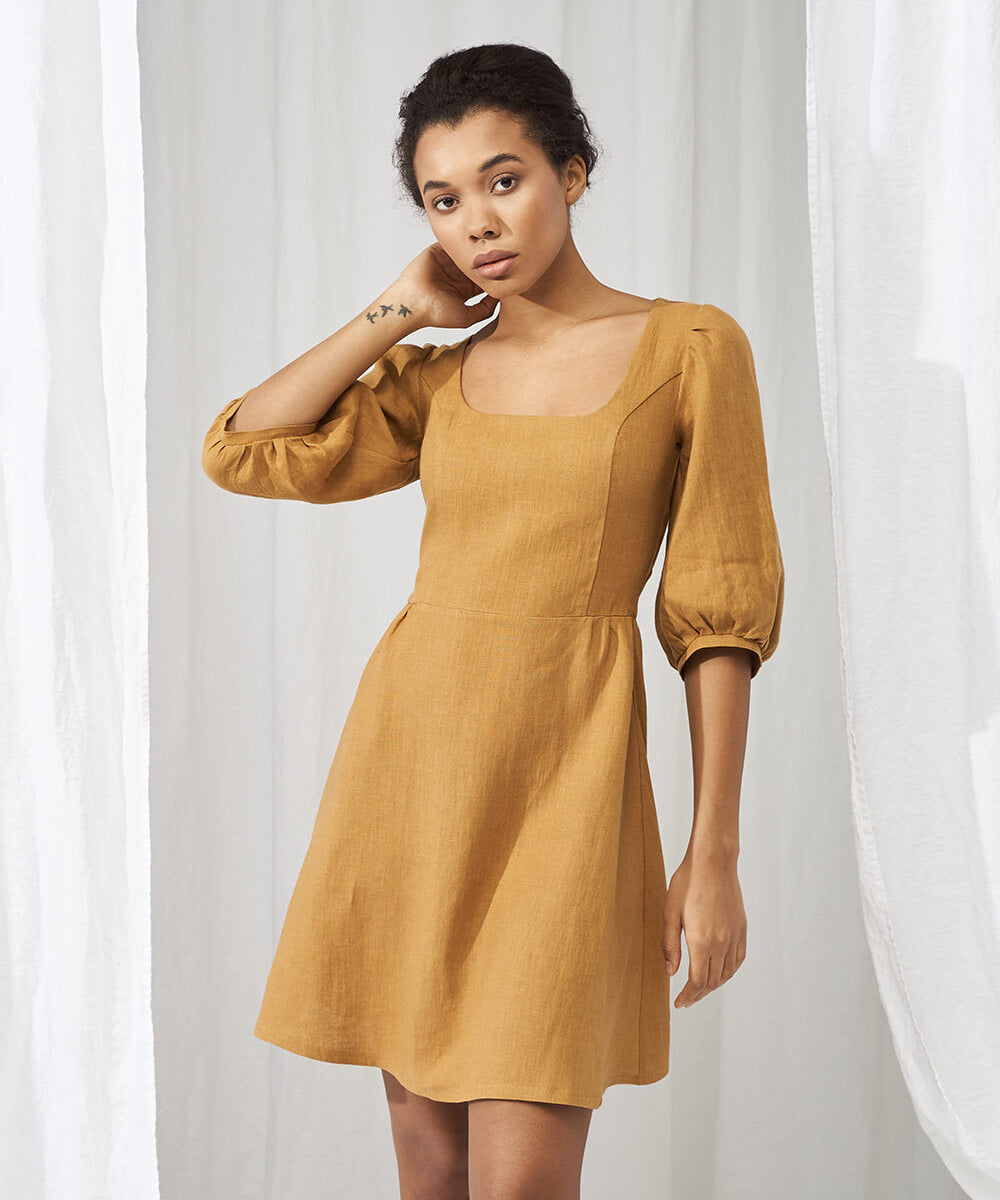 Puff sleeve linen dress Aurora mini length
