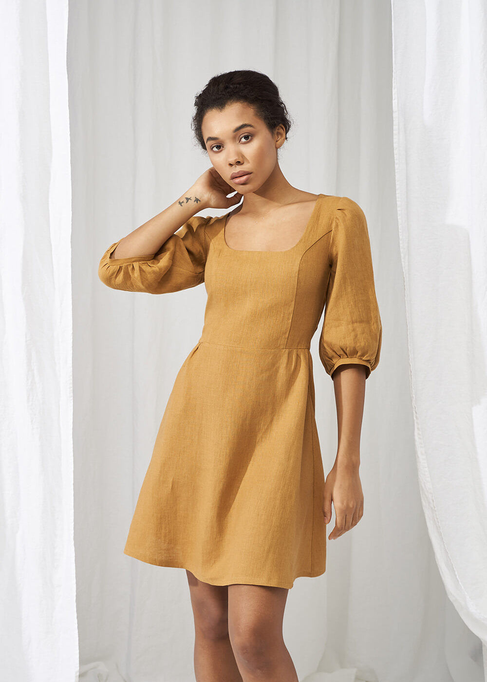 Puff sleeve linen dress Aurora mini length
