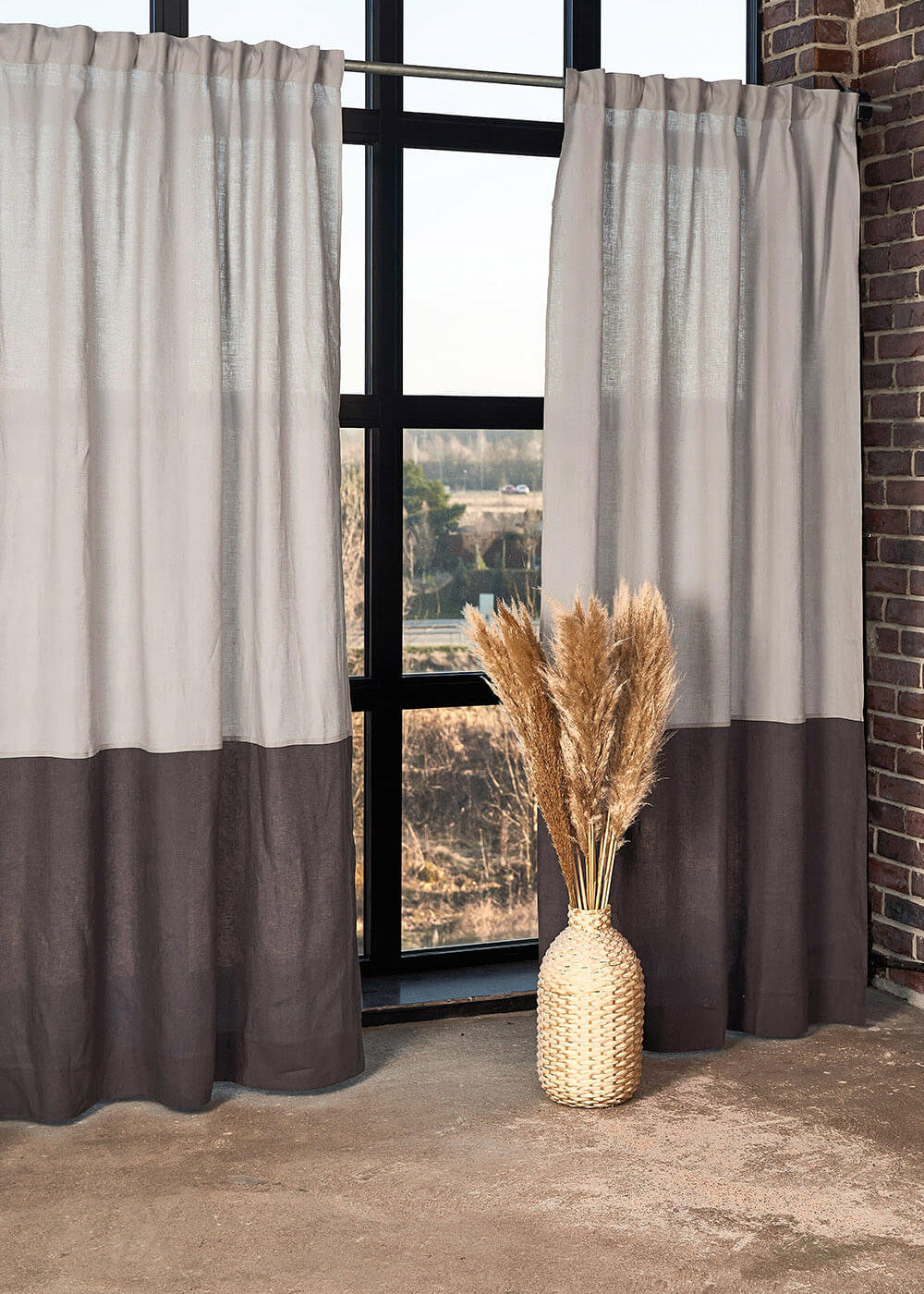 Set of 2 linen color block curtains in gray