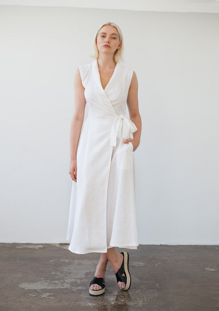 Sleeveless linen wrap dress Serena