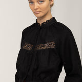 Victorian lace linen blouse Flore in black with high lace neck