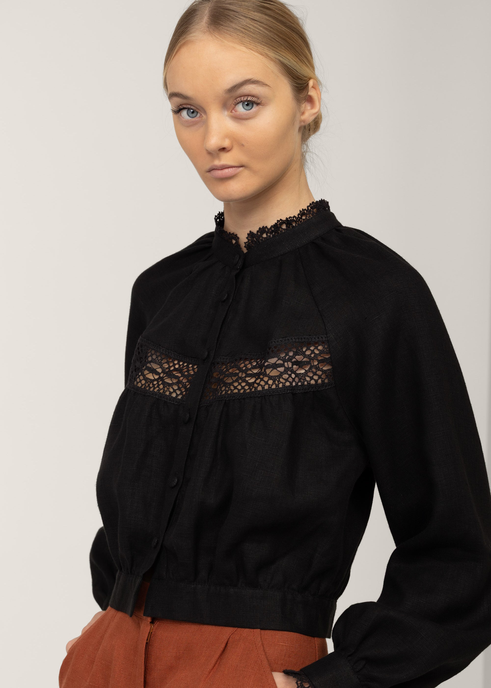 Victorian lace linen blouse Flore in black with high lace neck