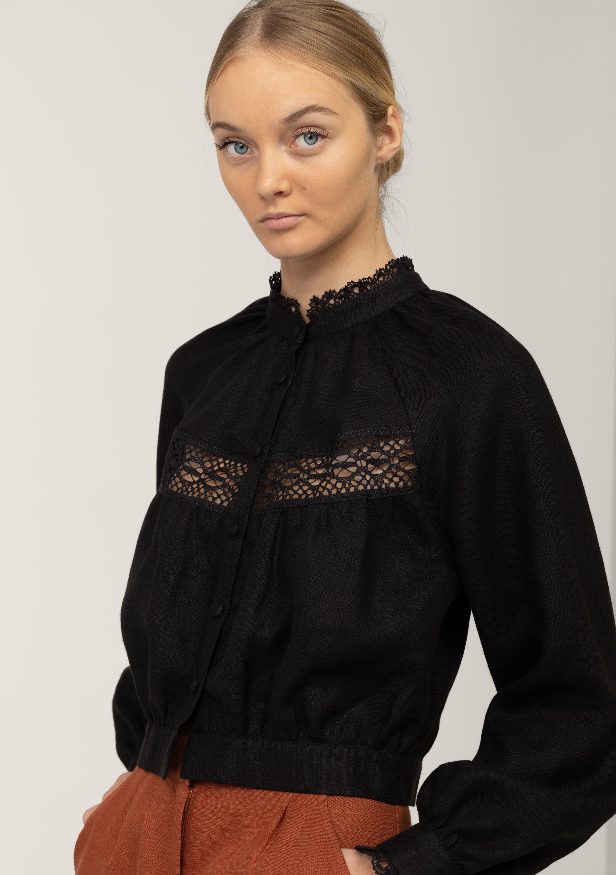 Victorian lace linen blouse Flore in black with high lace neck