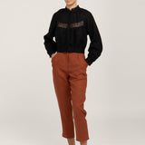 Black victorian lace linen blouse Flore styled with rust linen trousers