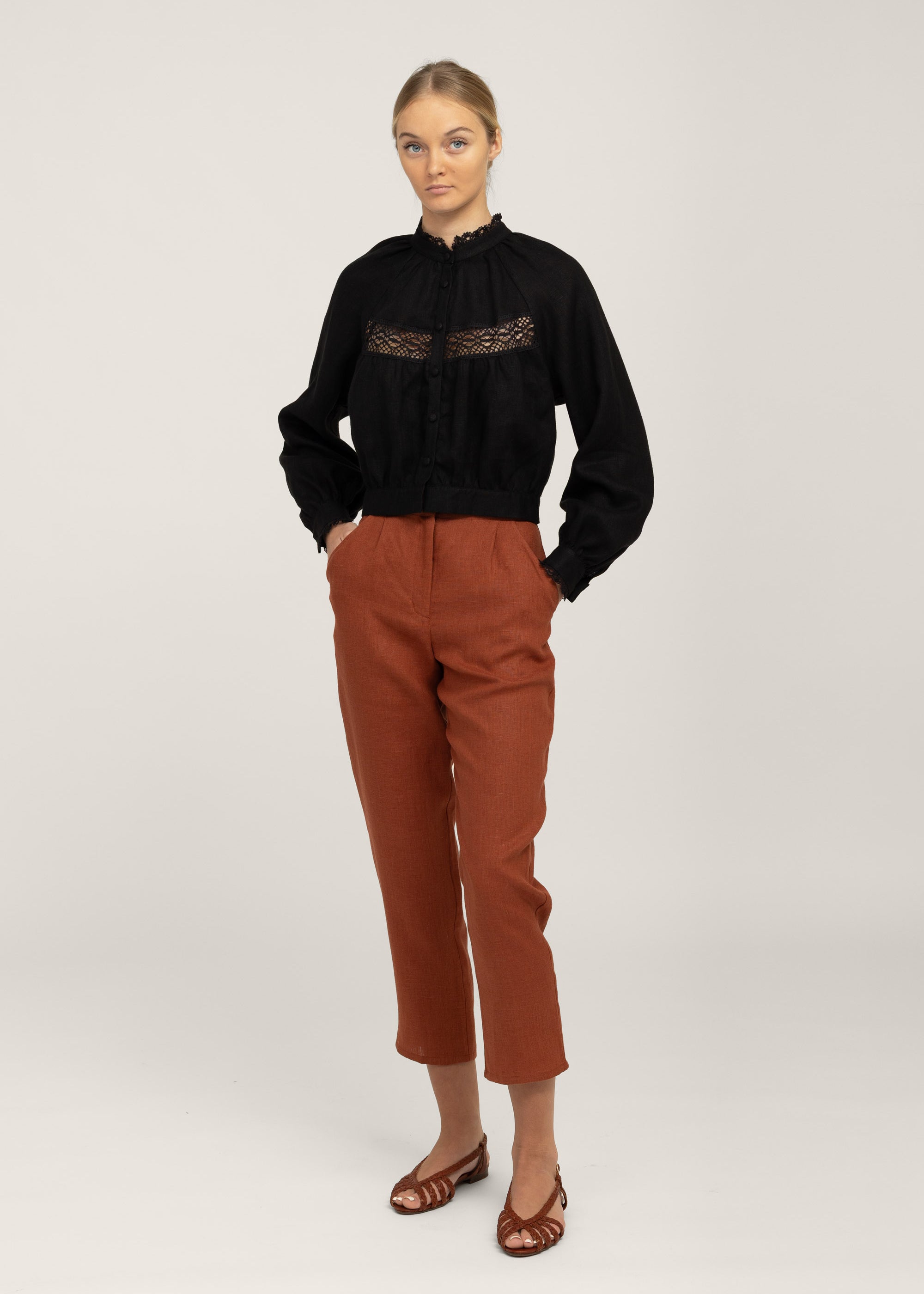 Black victorian lace linen blouse Flore styled with rust linen trousers