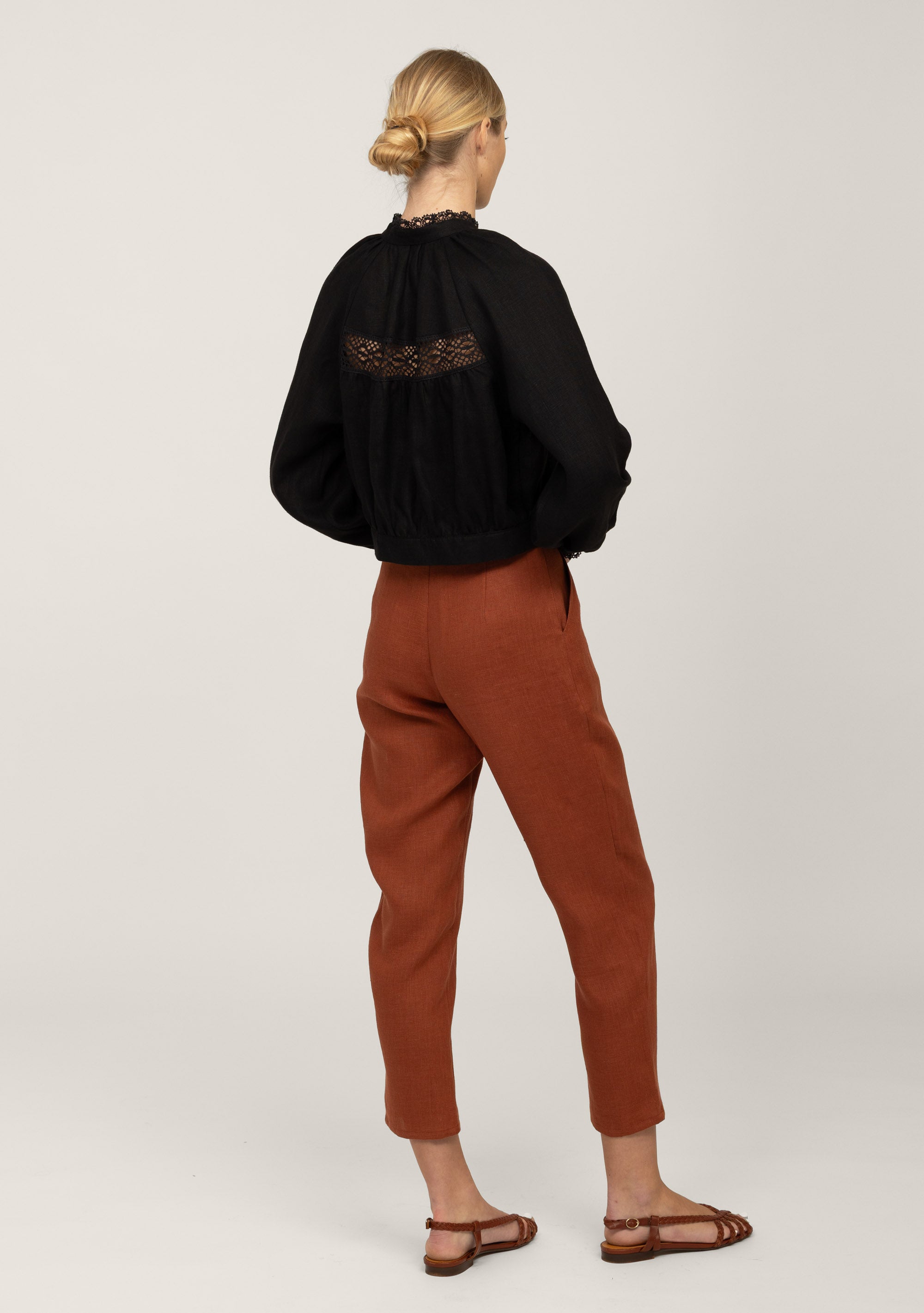 Back view of black victorian lace linen blouse Flore