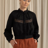 High neck black lace linen blouse Flore, cropped fit