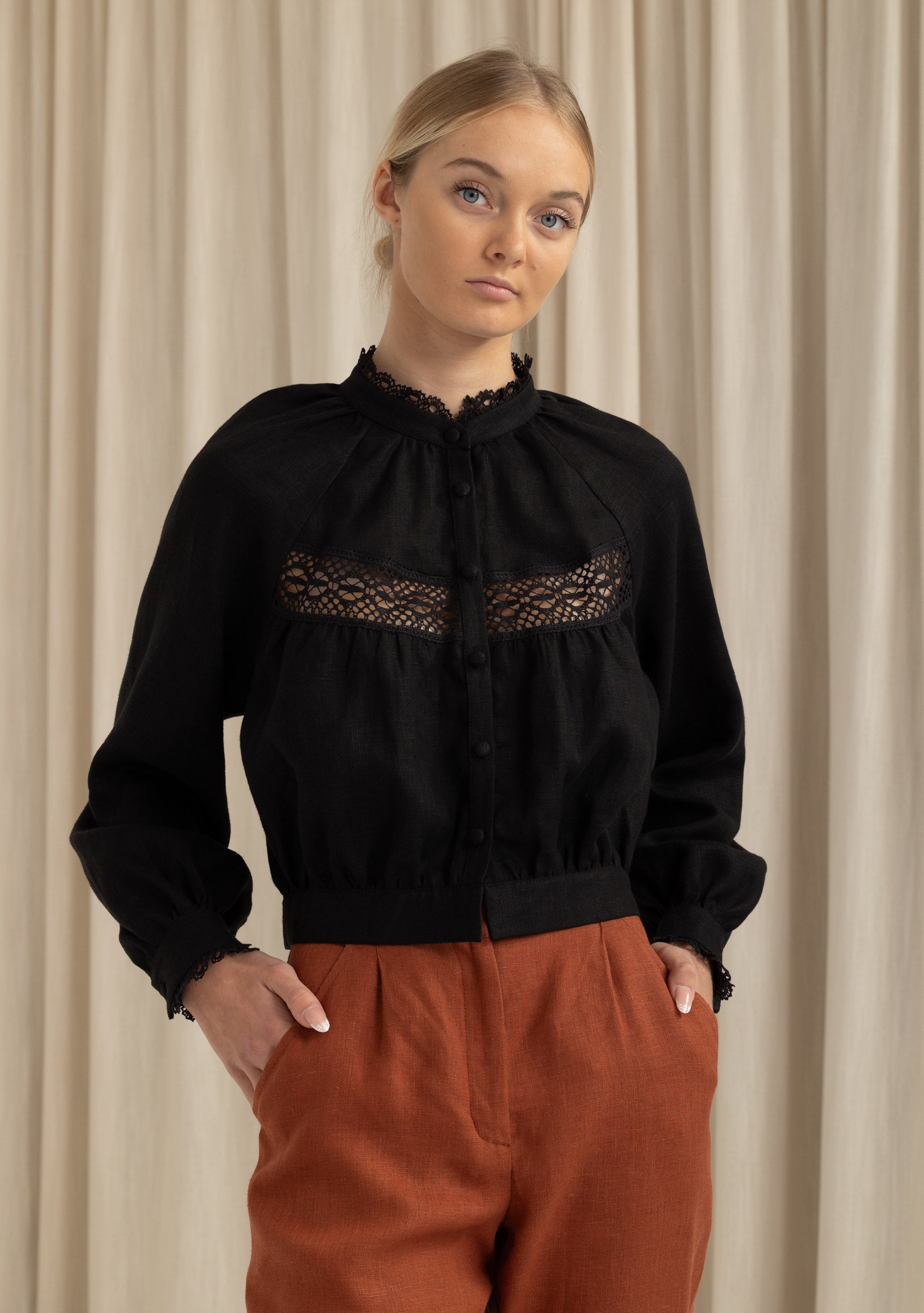 High neck black lace linen blouse Flore, cropped fit