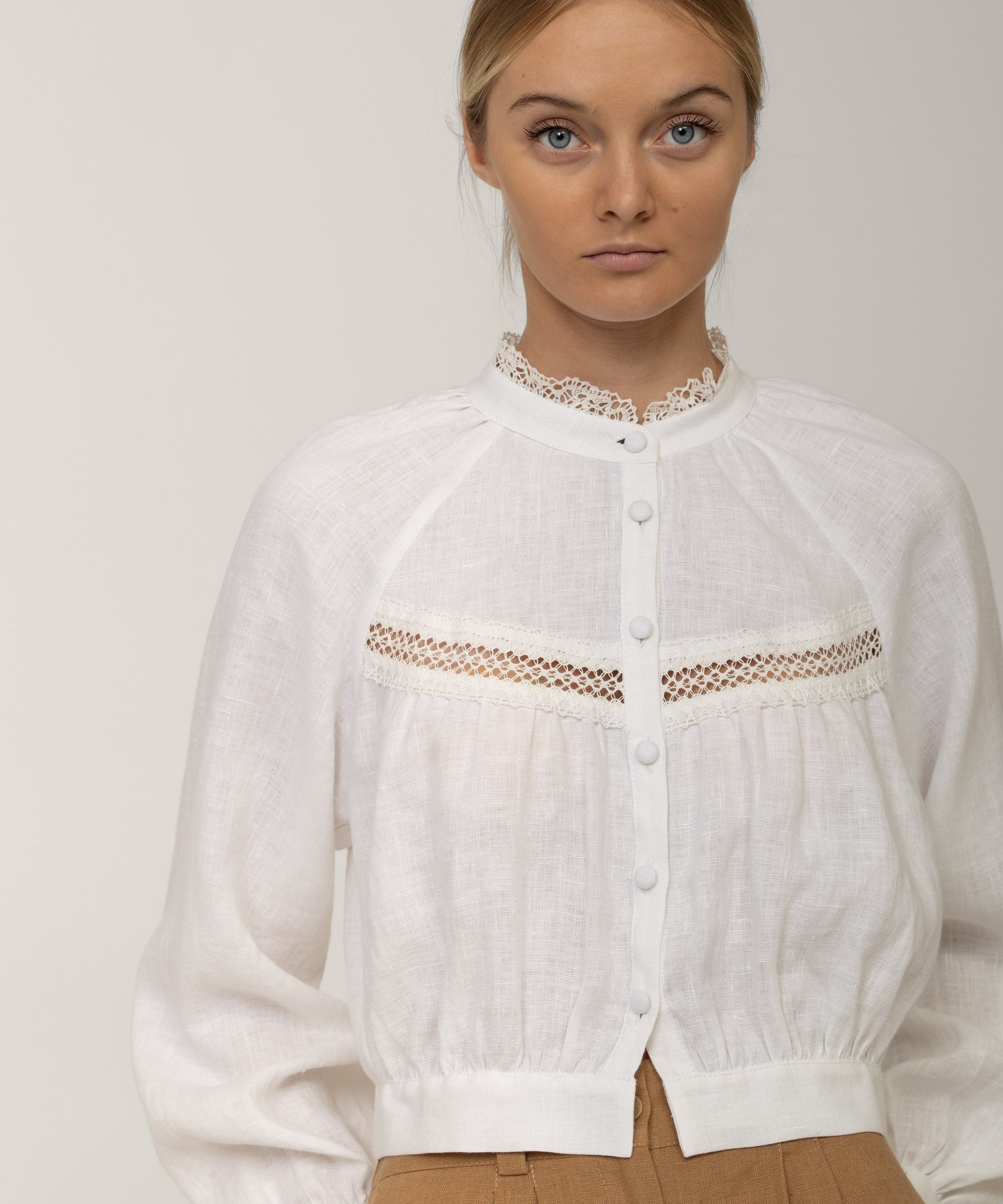 Victorian lace linen blouse Flore in white with high lace neck