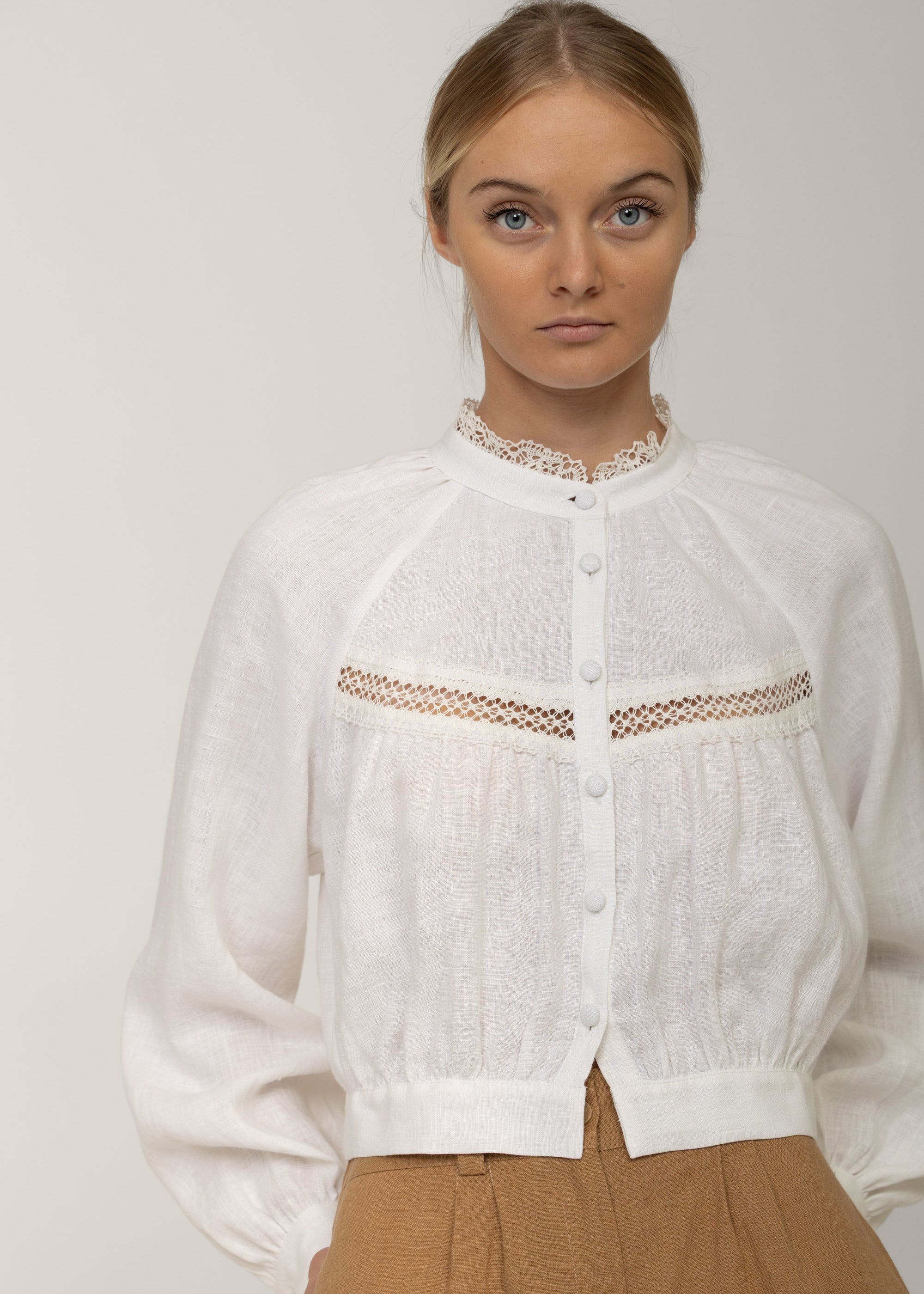 Victorian lace linen blouse Flore in white with high lace neck
