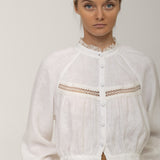 Victorian lace linen blouse Flore in white with high lace neck
