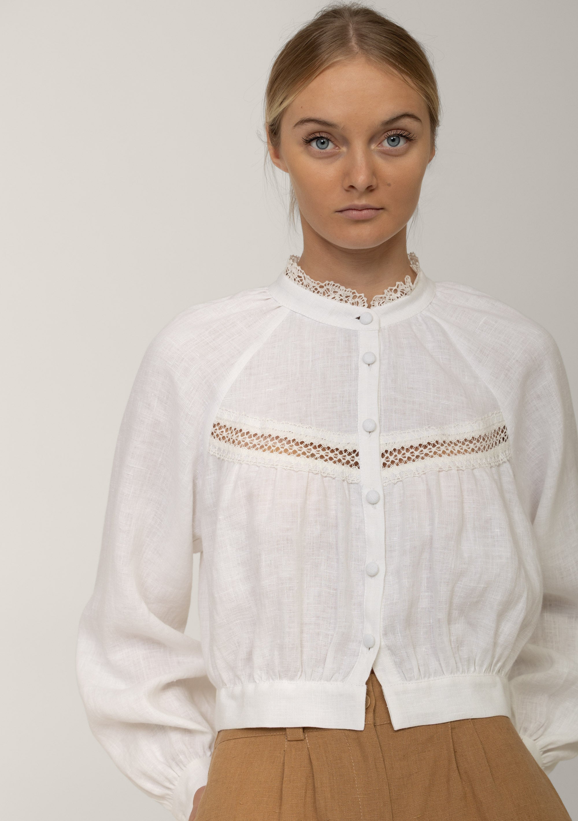 Victorian lace linen blouse Flore in white with high lace neck