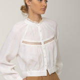 White victorian lace linen blouse Flore with lace band and linen-covered buttons