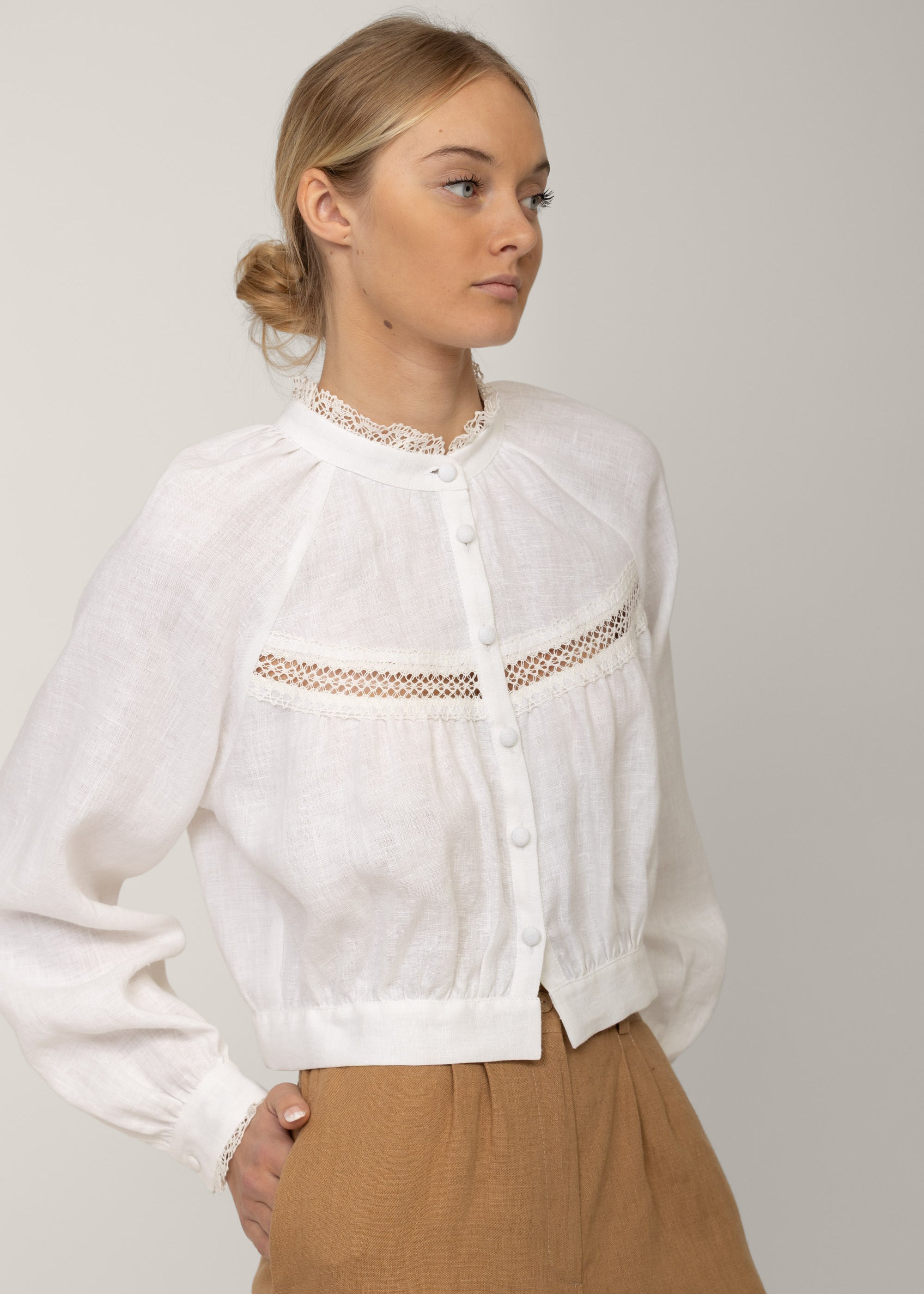 White victorian lace linen blouse Flore with lace band and linen-covered buttons