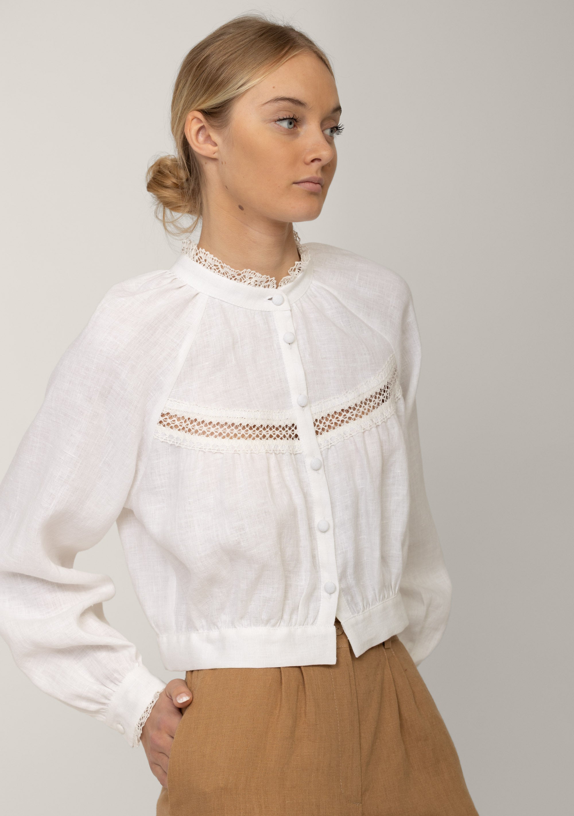 White victorian lace linen blouse Flore with lace band and linen-covered buttons