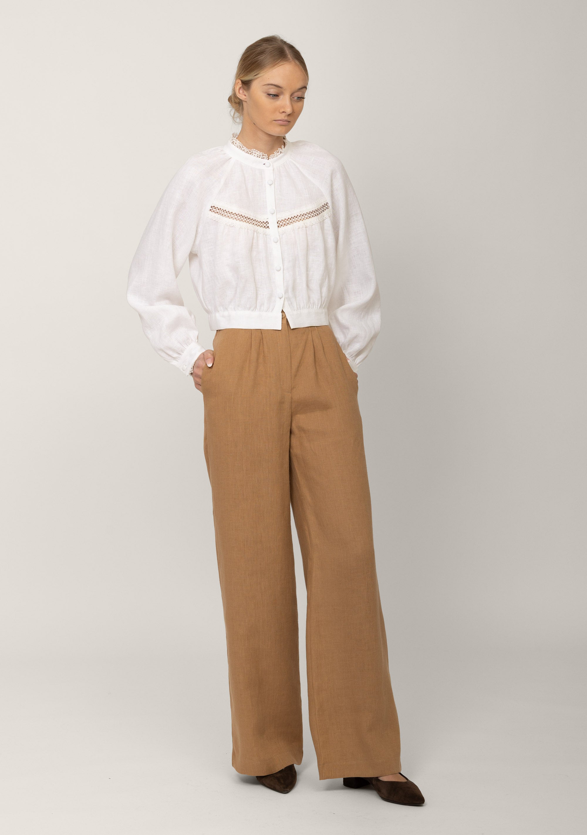 White victorian blouse Flore in linen styled with camel wide leg trousers