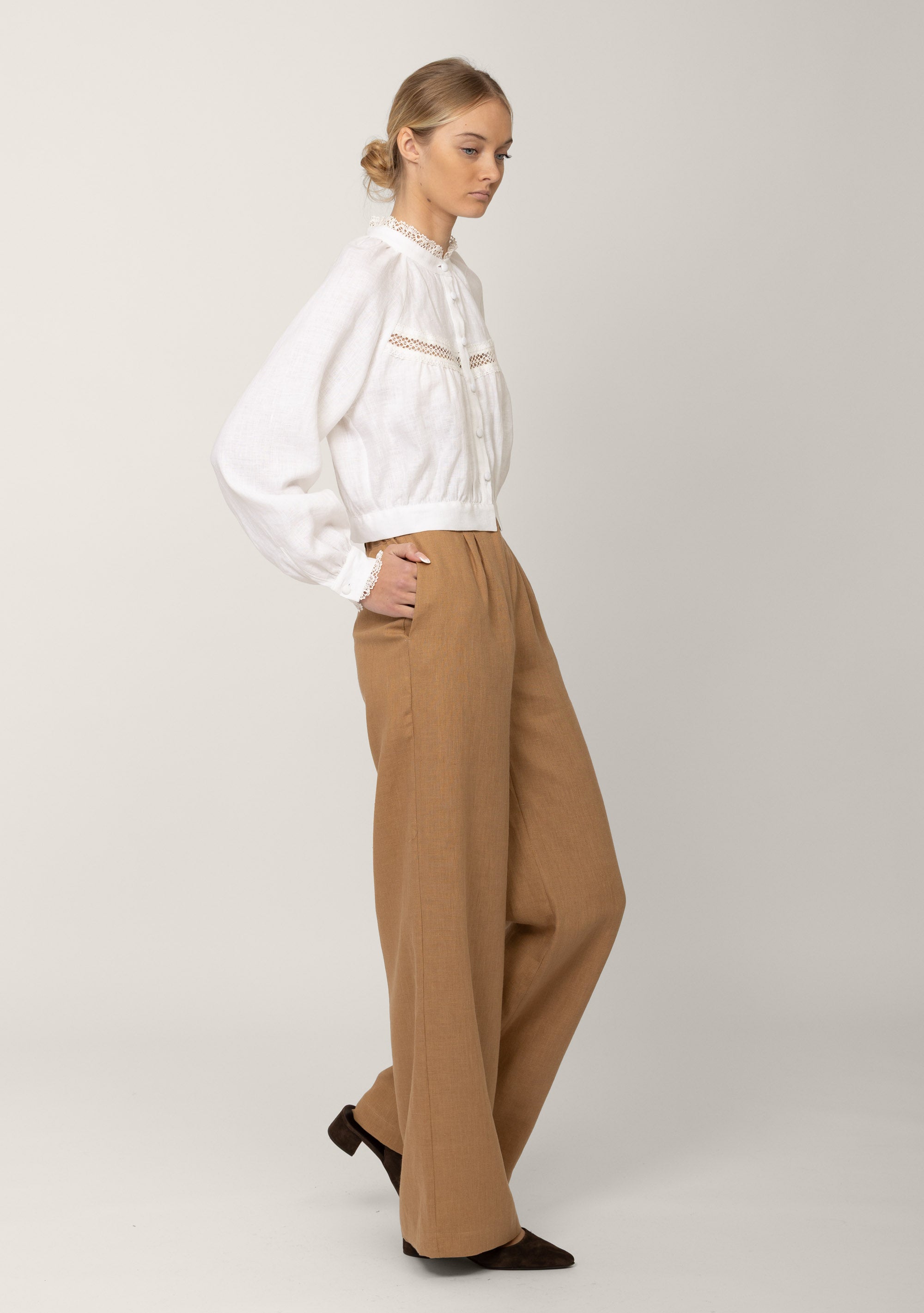 White lace linen blouse Flore with balloon sleeves, side view