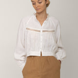 White high neck lace linen blouse Flore, cropped with gathered hem