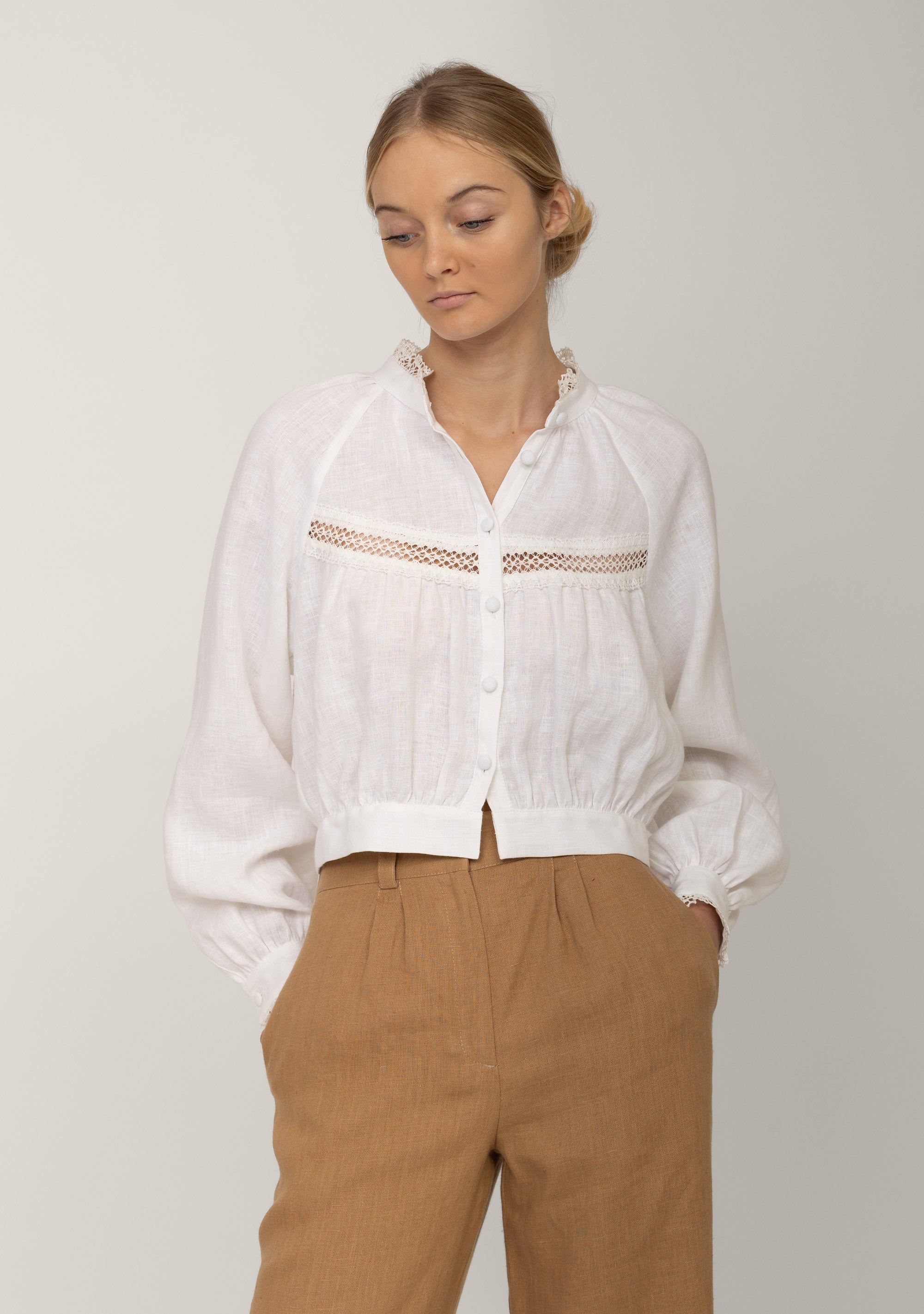 White high neck lace linen blouse Flore, cropped with gathered hem